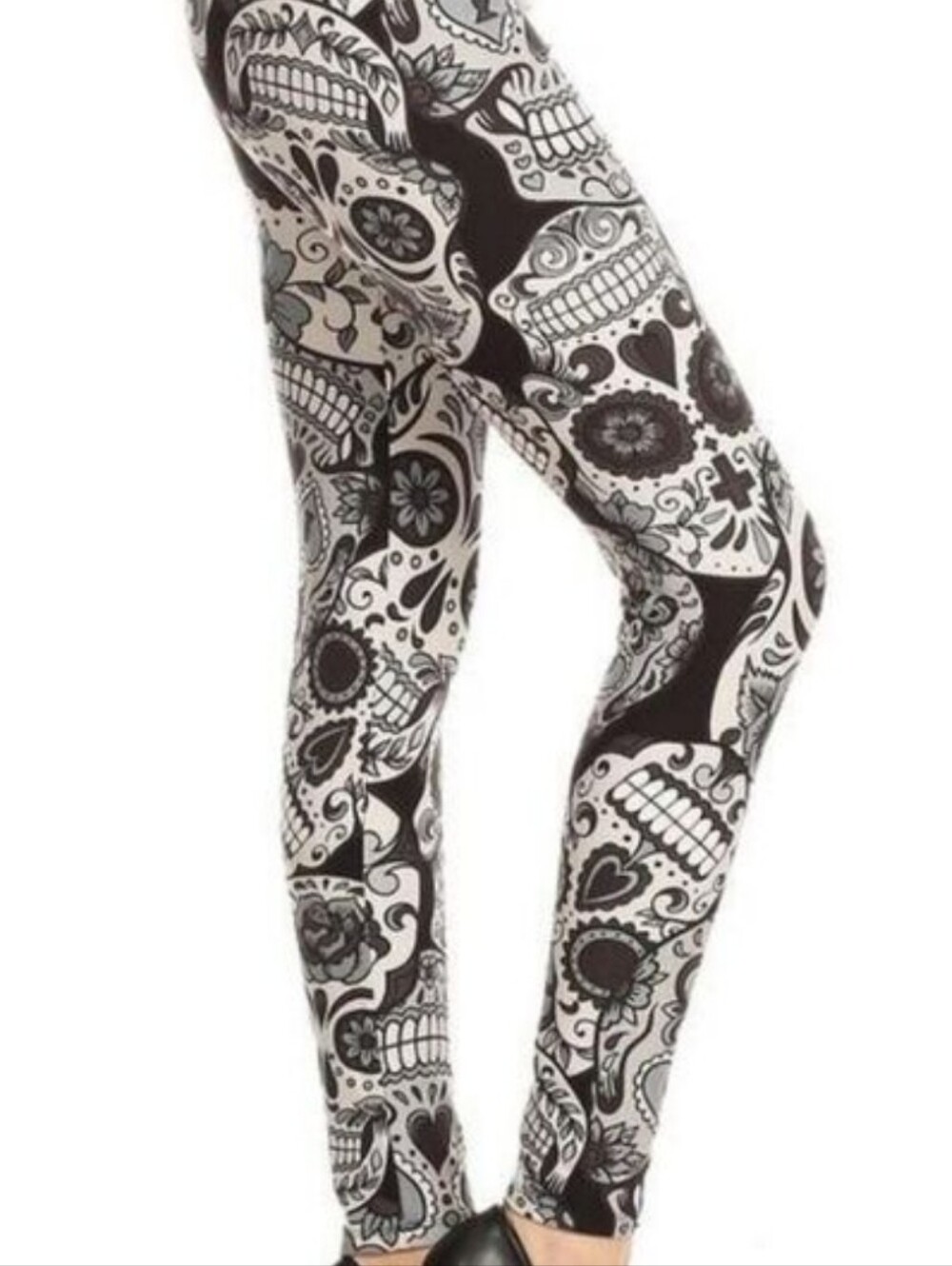 LEGGINGS DEPOT Black & White Sugar Skull Print Full Length Leggings Size 12 NWT